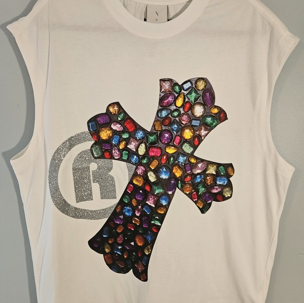 Men's White Tank Top with Colorful Gemstone Cross